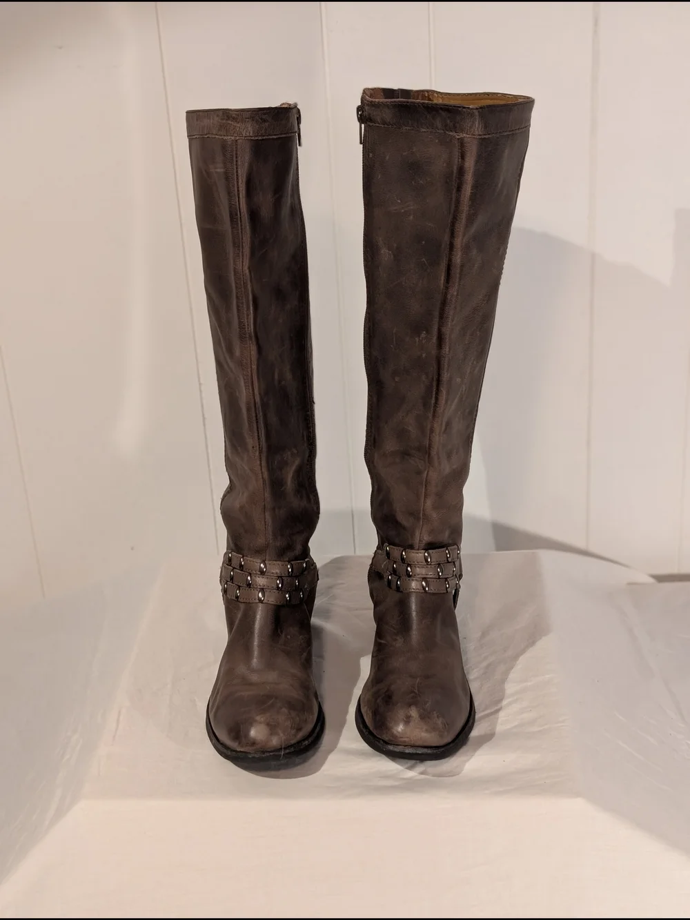ANTONIO MELANI Brown Tall Leather Boots with Harness Detail